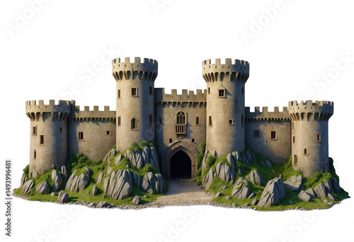 Medieval stone castle with tall towers and battlements, isolated on transparent background, png