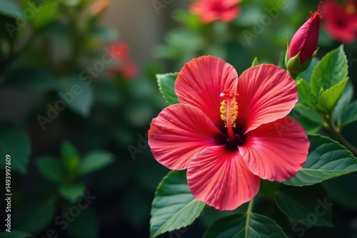 Wallpaper Mural Intricate hibiscus blossoms, vibrant petals, lush green leaves , orange, red Torontodigital.ca
