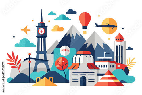 A vibrant flat vector illustration showcasing diverse tourism elements, including a cruise ship, various suitcases, passports, luggage, a camera, travel guides, and a globe, all set against a map back