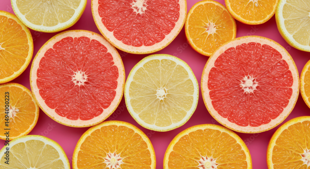 Fototapeta premium Vibrant overhead shot of assorted citrus fruit slices, showcasing juicy textures and bright colors.