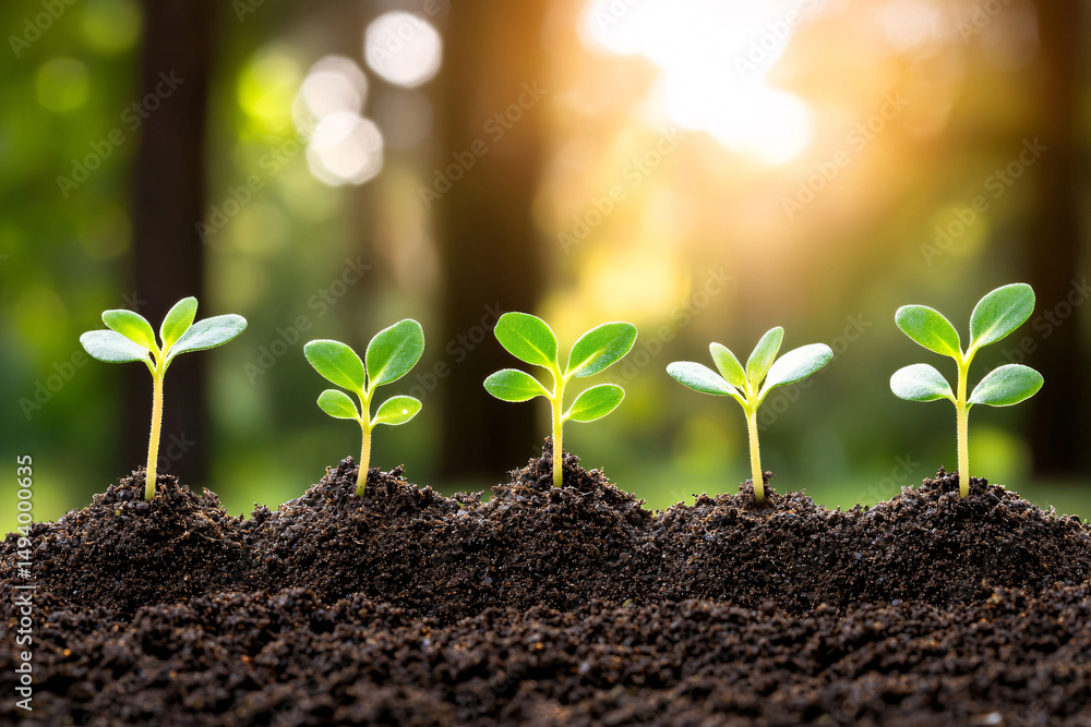 Five small green seedlings sprout from rich dark soil in a sunlit natural outdoor environment. Five small green seedlings sprout from rich dark soil in a sunlit natural outdoor environment.