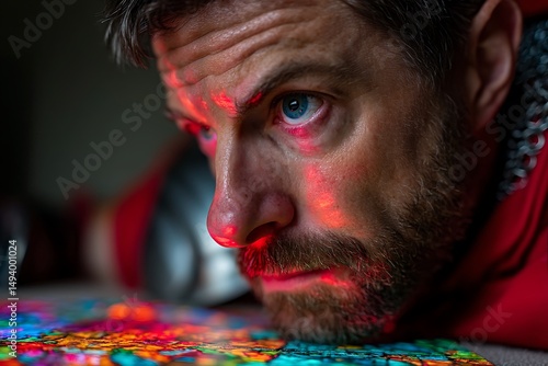 Intrigued Gaze: A Man's Focused Look at a Vibrant, Colorful Surface