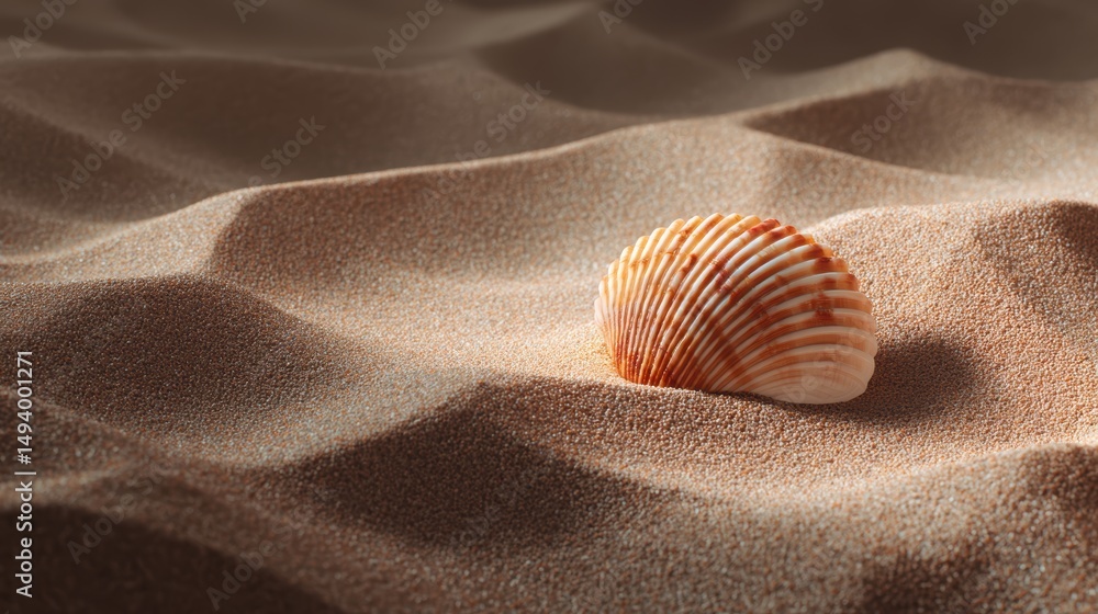 Solitary seashell on rippled sandy beach under soft light Solitary seashell on rippled sandy beach under soft light