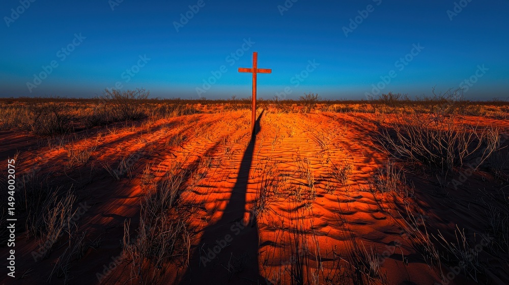 Obraz premium Cross silhouette in arid landscape at sunset