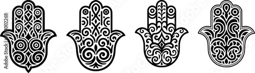 Stylized Hamsa Hand Vector Set with Intricate Swirls and Ornamental Patterns – Black Line Tattoo Stencil on transparent Background