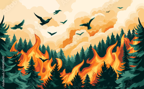 Forest spruces consumed by fire flames, representing a dangerous natural disaster and serving as a warning to be careful with fires in the woods