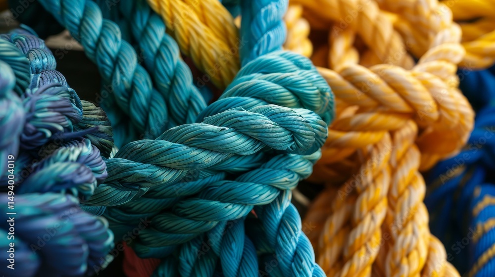 A detailed shot showcasing multiple ropes intertwined, highlighting their textures and knots. Perfect for crafts or nautical themes. A detailed shot showcasing multiple ropes intertwined, highlighting their textures and knots. Perfect for crafts or nautical themes.