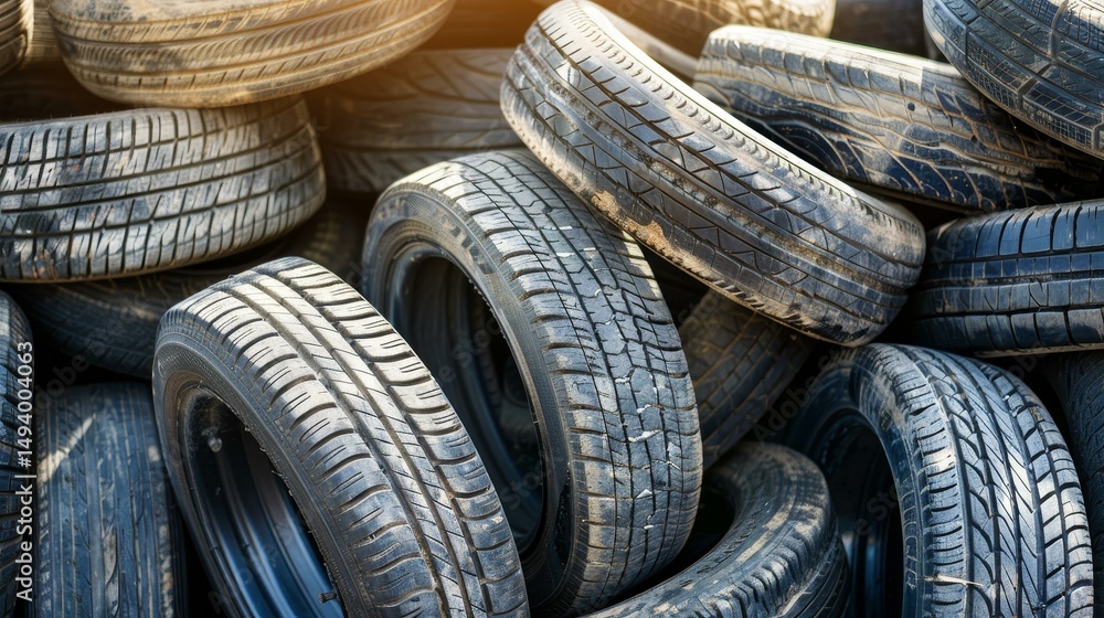 Obraz premium Stacked wornout car tires at a landfill showcase the pressing need for better waste management and recycling practices.