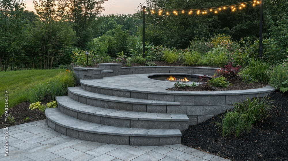 Obraz premium Elegant backyard firepit, tiered stone steps, lush greenery