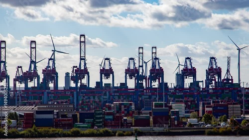 Breathtaking timelapse of Hamburg's busy container harbor with skyline view
