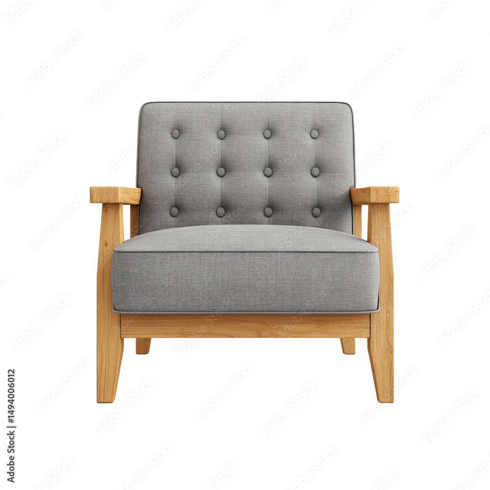 Modern Light Grey Fabric Armchair with Light Oak Wooden Legs - Front View Modern Light Grey Fabric Armchair with Light Oak Wooden Legs - Front View