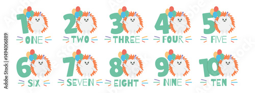Cute baby hedgehog character,balloons,numbers from 1 before 10 vector set. Beautiful elements for Kids Birthday Party invitation,greeting card,poster,cake toppers design