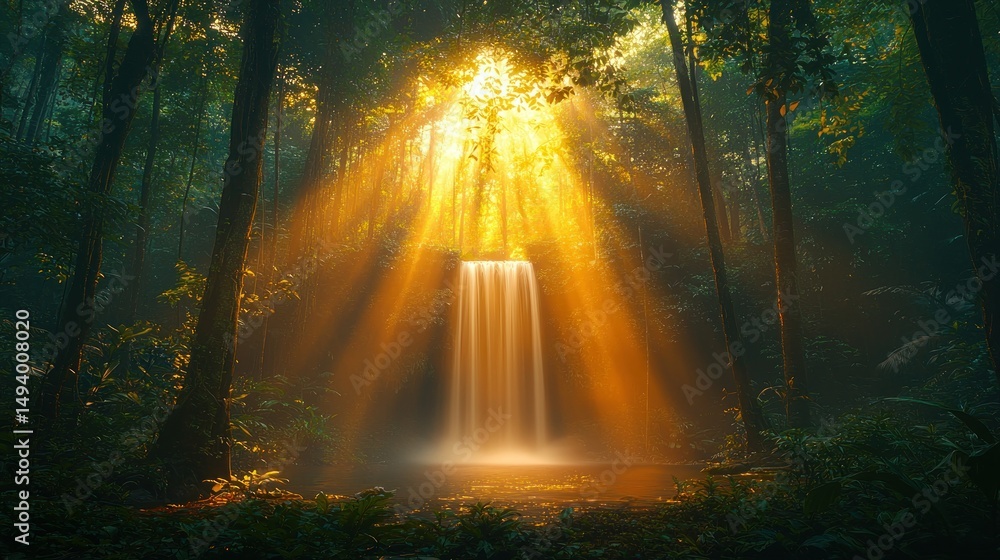 Fototapeta premium Forest waterfall with golden sunbeams shining through canopy