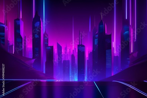 A high-resolution futuristic cityscape or abstract environment illuminated by glowing neon lights in blue, purple, and magenta. Includes geometric lines, digital grid, sci-fi glow effects, and depth