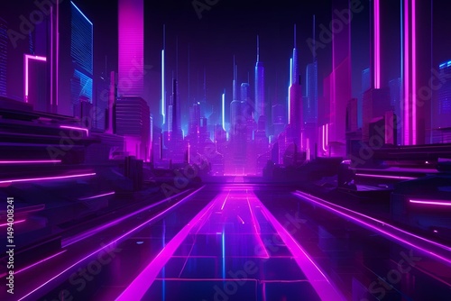 A high-resolution futuristic cityscape or abstract environment illuminated by glowing neon lights in blue, purple, and magenta. Includes geometric lines, digital grid, sci-fi glow effects, and depth