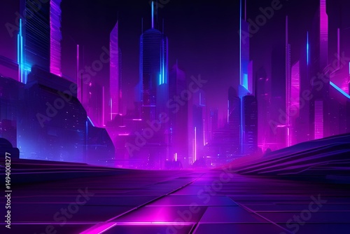 A high-resolution futuristic cityscape or abstract environment illuminated by glowing neon lights in blue, purple, and magenta. Includes geometric lines, digital grid, sci-fi glow effects, and depth