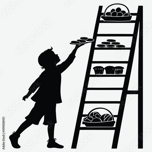 A child reaching for cookies on a high shelf  image silhouette design vector art and illustration