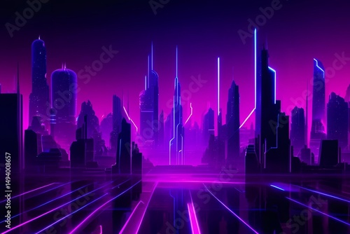 A high-resolution futuristic cityscape or abstract environment illuminated by glowing neon lights in blue, purple, and magenta. Includes geometric lines, digital grid, sci-fi glow effects, and depth