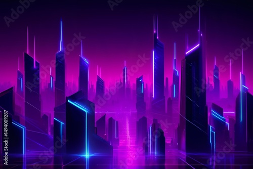 A high-resolution futuristic cityscape or abstract environment illuminated by glowing neon lights in blue, purple, and magenta. Includes geometric lines, digital grid, sci-fi glow effects, and depth