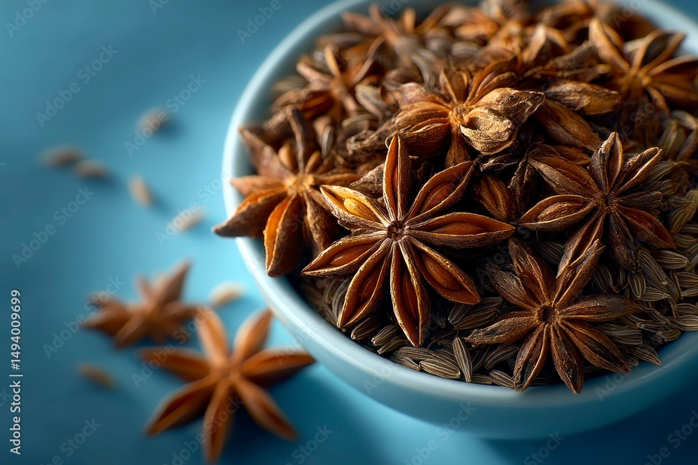 A bowl filled with aromatic spices showcasing starshaped pods and seeds against a vibrant bac A bowl filled with aromatic spices showcasing starshaped pods and seeds against a vibrant bac