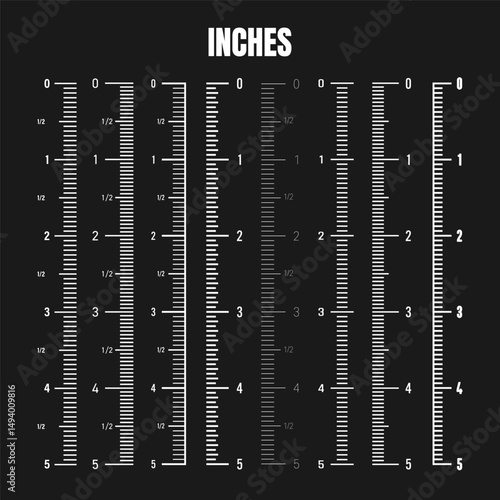 Vertical inch scale for measuring length or height. Various measurement scales with divisions. Ruler, tape measure marks, size indicators. Vector illustration