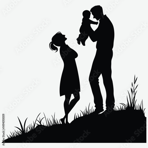 A couple holding a baby between them image silhouette design vector art and illustration