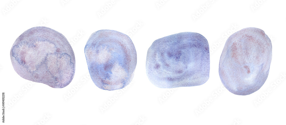Obraz premium Set of artistic tender granulate textured light purple, blue and red watercolor round stone shapes. Hand painting abstract watercolour geometric stains for banner design, greeting cards