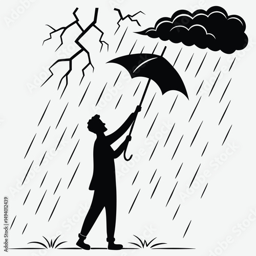 A man holding an umbrella in a thunderstorm image silhouette design vector art and illustration
