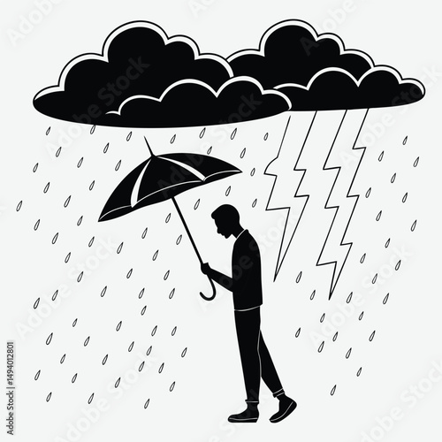 A man holding an umbrella in a thunderstorm image silhouette design vector art and illustration