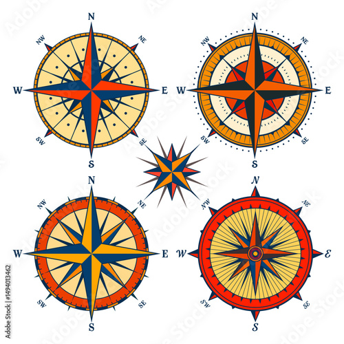Vintage marine wind rose, nautical chart. Colorful navigational compass with cardinal directions of North, East, South, West. Geographical position, cartography and navigation. Vector illustration