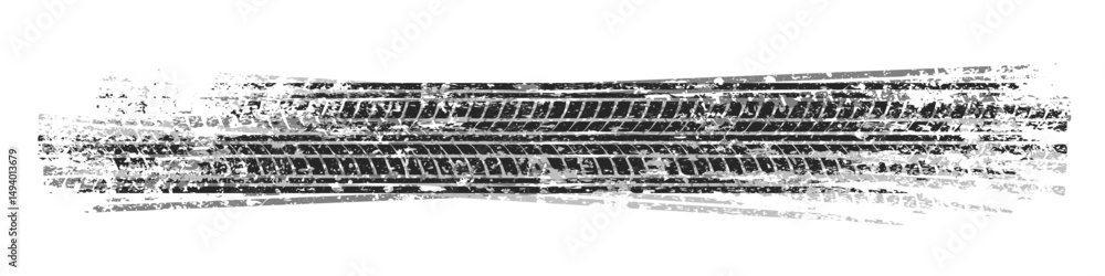 Obraz premium Grunge tire tracks with mud splatters, dirty wheel braking marks. Truck, car, or motorcycle tread pattern silhouettes. Perfect for off-road, motorsport, and racing designs. Vector illustration