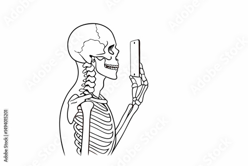Black Human Skeleton Uses Mobile Gadget While Standing Still in a Minimalist Background