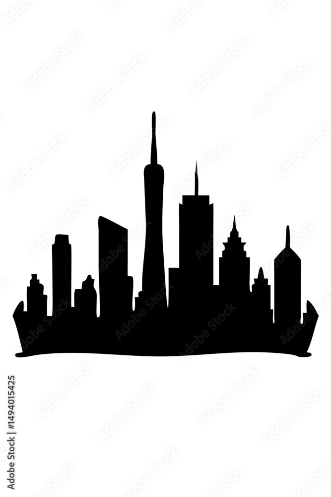 Naklejka premium Silhouette of a Vibrant City Skyline Featuring Skyscrapers at Twilight