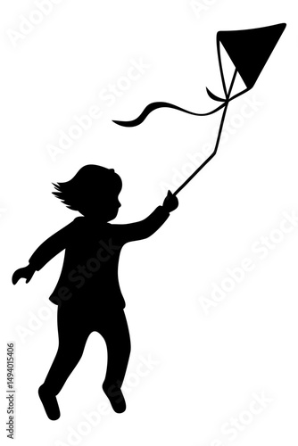 Silhouette of a Child Joyfully Flying a Kite in an Open Field During a Sunny Day