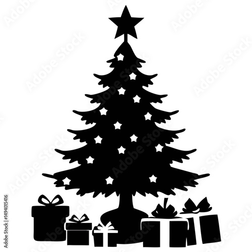 Silhouette of a Christmas Tree With Star on Top and Presents Underneath During Holiday Season