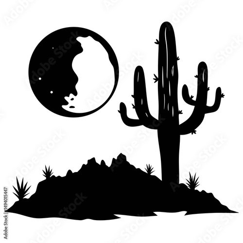 Silhouette of a Desert Cactus Against a Moonlit Sky in a Serene Nighttime Scene