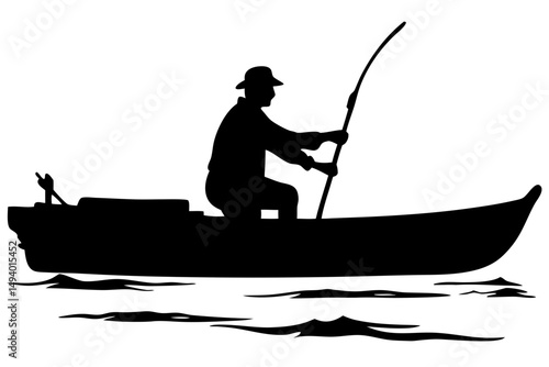 Silhouette of a Fisherman Casting a Line From a Small Boat on Calm Water During Sunset