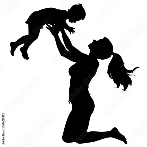 Mother Joyfully Lifts Her Baby in a Loving Silhouette Against a Plain Background
