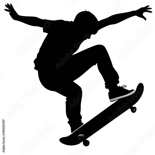 Skateboarder Executing a Mid-Air Trick Against a Simple Background