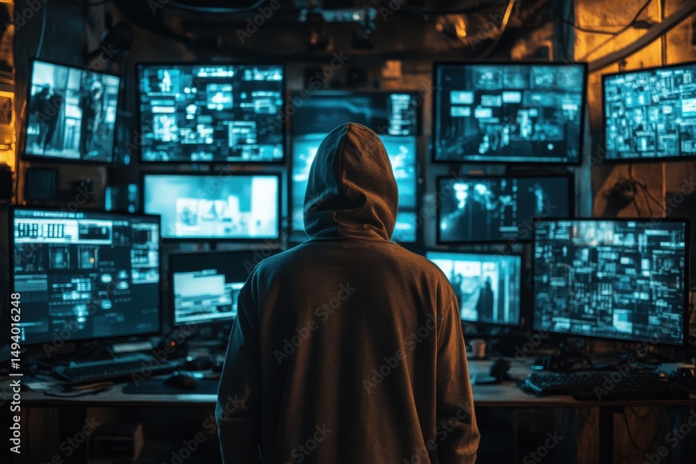 Individual working on multiple computer screens in dimly lit room filled with monitors displaying various data and graphics late at night Individual working on multiple computer screens in dimly lit room filled with monitors displaying various data and graphics late at night