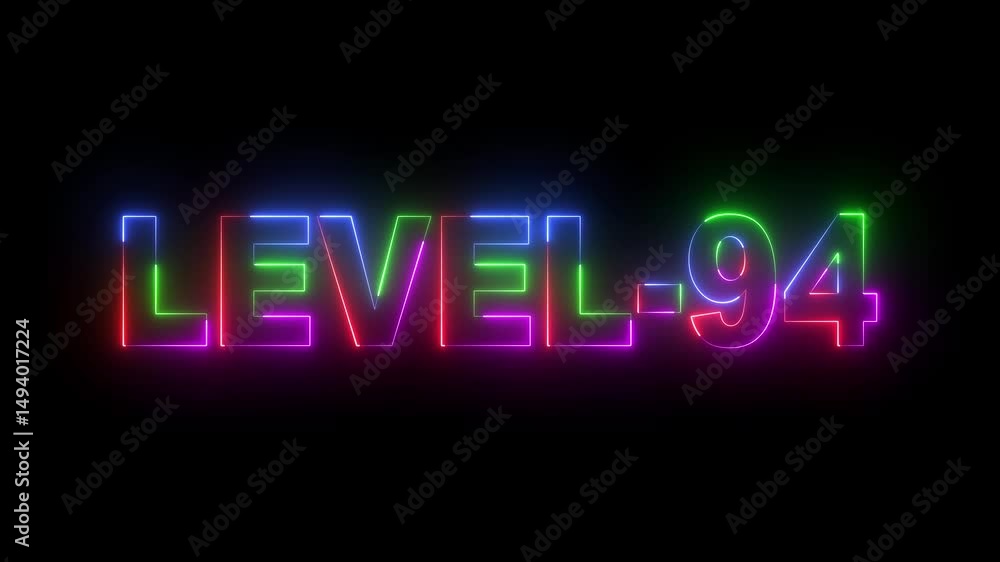 level-94 neon bright text font colorful animation. Glowing level-94 text with glitch effects animation. game concept next level icon isolated on black background. You Climbed to a Higher Level. level-94 neon bright text font colorful animation. Glowing level-94 text with glitch effects animation. game concept next level icon isolated on black background. You Climbed to a Higher Level.