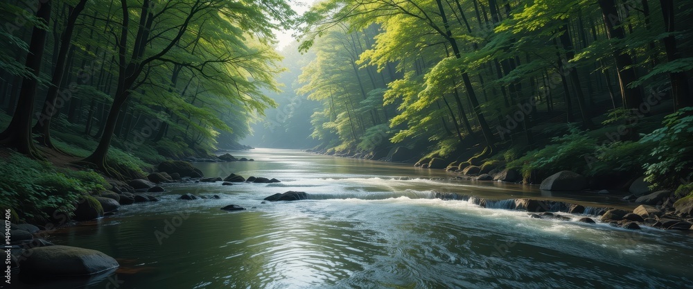 Serene River Flowing Through Lush Green Forest Under Soft Morning Light with Calm Waters and Smooth Stones Serene River Flowing Through Lush Green Forest Under Soft Morning Light with Calm Waters and Smooth Stones