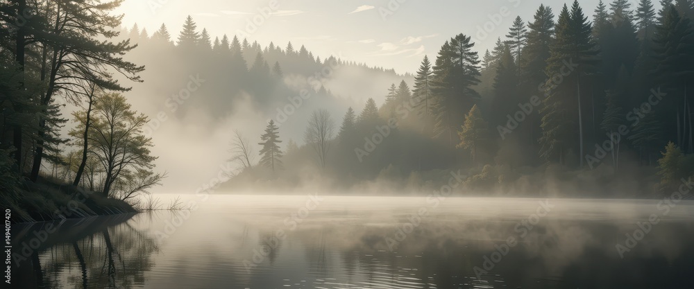 Fototapeta premium Serene Morning Mist Over Tranquil Lake Surrounded by Lush Green Trees and Soft Golden Light
