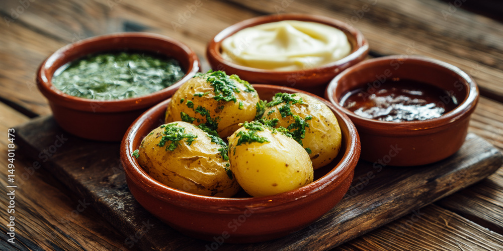 Papas arrugadas tostadas con mojo verde, gastronomía típica de las Islas Canarias generativa IA Papas arrugadas tostadas con mojo verde, gastronomía típica de las Islas Canarias generativa IA
