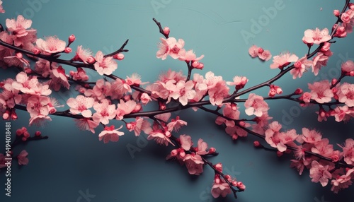 BRANCHE DE FLEURS DE CERISIER ROSE PÂLE SUR FOND BLEU-VERT