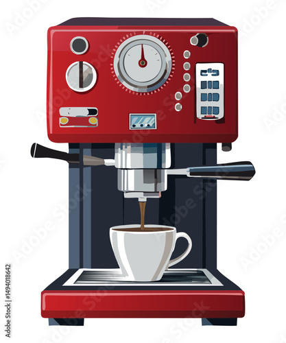 red coffee maker extracting rich espresso - vector illustration