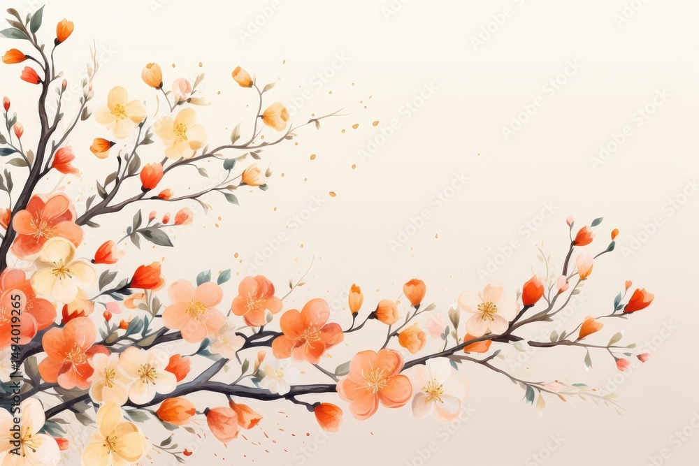 Fototapeta premium BRANCHE DE FLEURS DE PRUNIER EN AQUARELLE, STYLE ASIATIQUE
