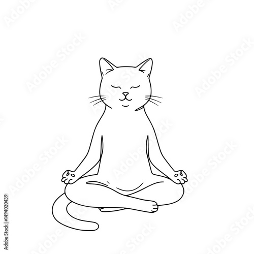 Cat sitting in a meditative Zen pose Simple Vector Outline in minimalistic black and white design