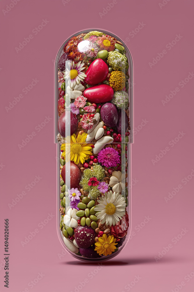 Obraz premium Transparent pill filled with flowers and seeds promoting natural medicine