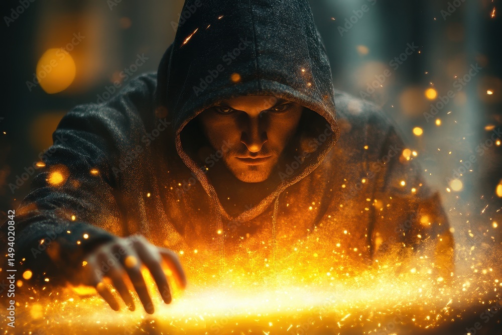Focused young man intently interacting with a holographic interface in a dimly lit high-tech environment in an urban setting at night Focused young man intently interacting with a holographic interface in a dimly lit high-tech environment in an urban setting at night